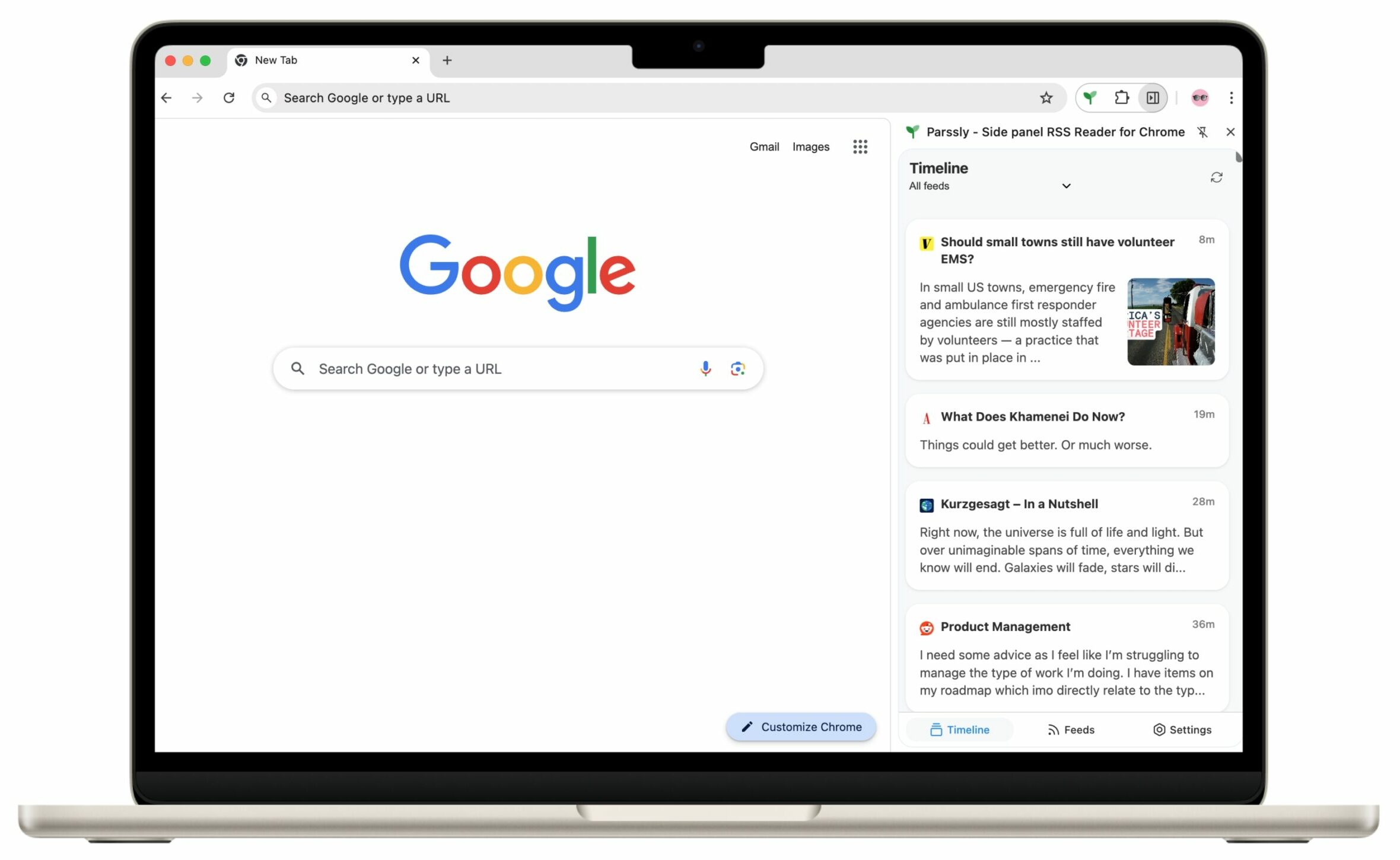 Parssly RSS Reader shown in Google Chrome
